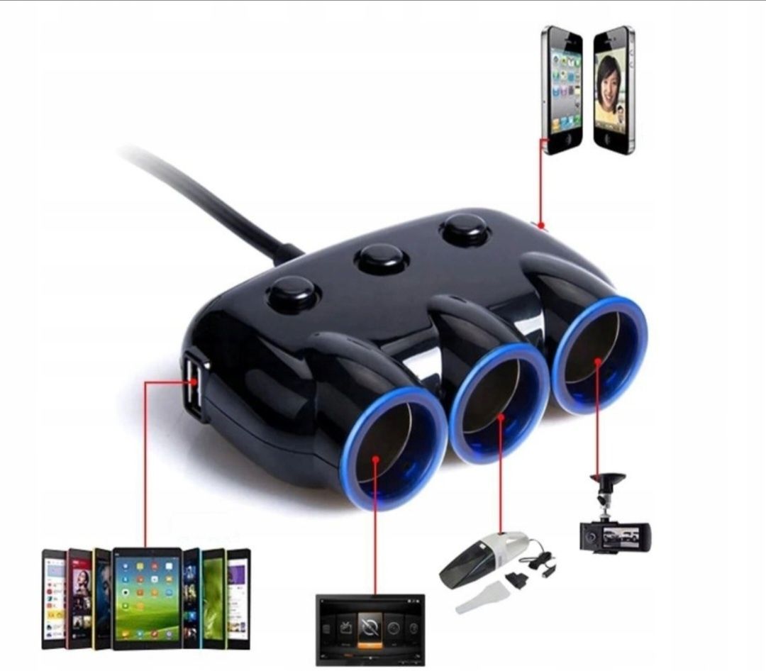 NOWY | Rozgałęziacz gniazda zapalniczki | 3x + włączniki | 2xUSB 3.1A|