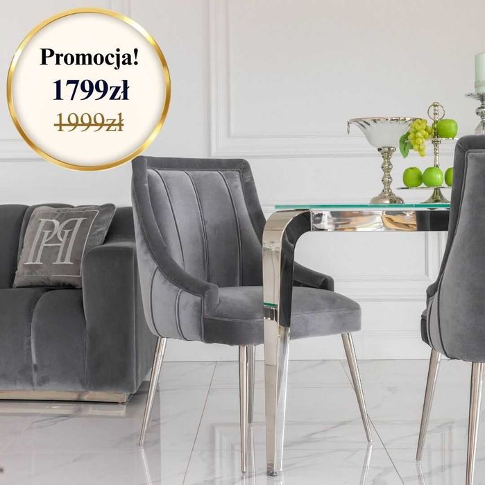 Krzesło JADALNIA GLAMOUR DIANA Szary Welwet Srebrne Proste Nogi