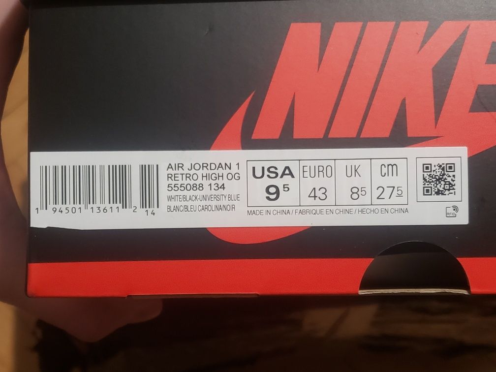 Oryginalne Nike AJ1 High Retro University Blue 43 9.5 DSWT