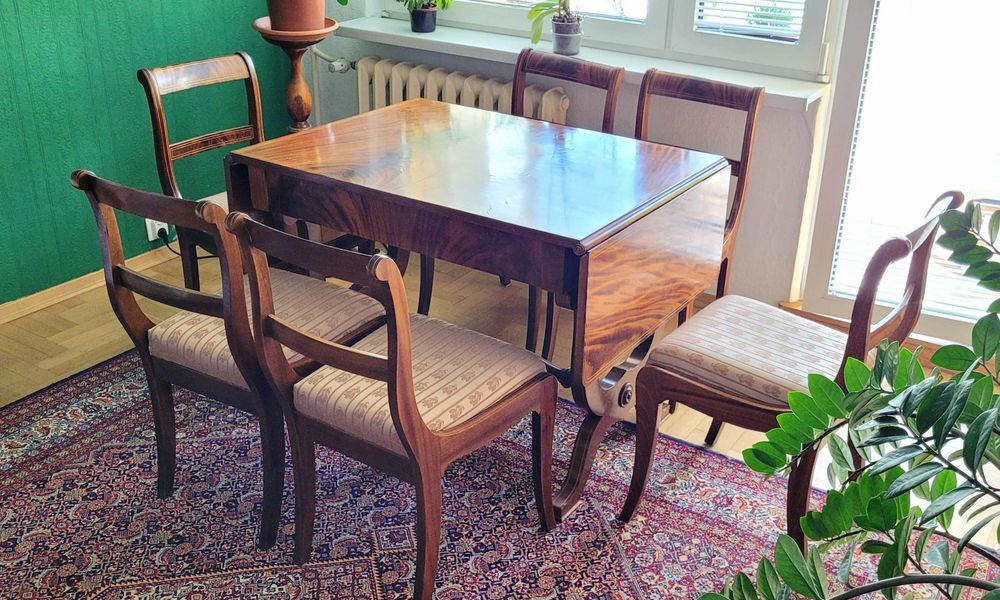 Stół drewniany klapak w stylu "Biedermeier" + 6 krzeseł tapicerowanych