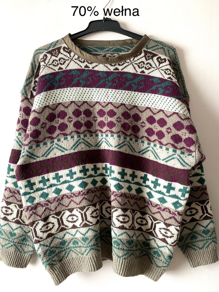 Welniany kolorowy sweter vintage ugly babciny dziadkowy