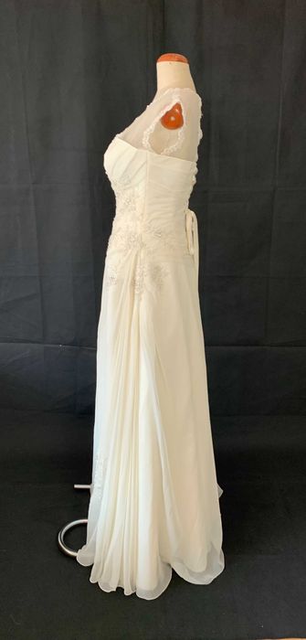 Nowa szyfonowa suknia ślubna Papas Michel 38 M Linia A z trenem ivory