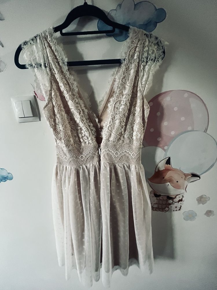 Koronkową tiulowa sukienka ślub wesele  boho style  pudrowy róż 36