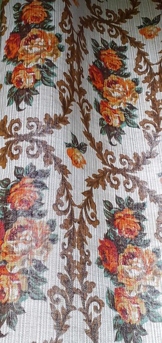 Zasłony krótkie lniane wzór róze i ornamenty styl retro