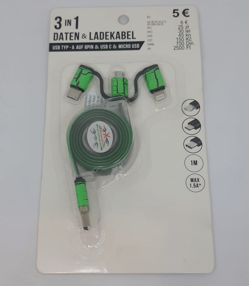 Nowy! Zwijany kabel 3w1! USB-C, lightning/iPhone, micro USB.  Przewód