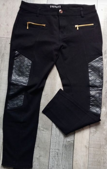 Czarne cieplejsze spodnie z pikowanymi caro wstawkami z Eco skory 42XL