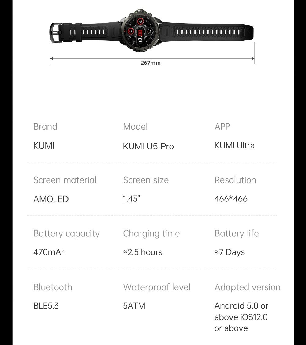 KUMI U5 PRO Смарт-Часы AMOLED 1.43" / GPS / 5ATM / SOS / AI ChatGPT