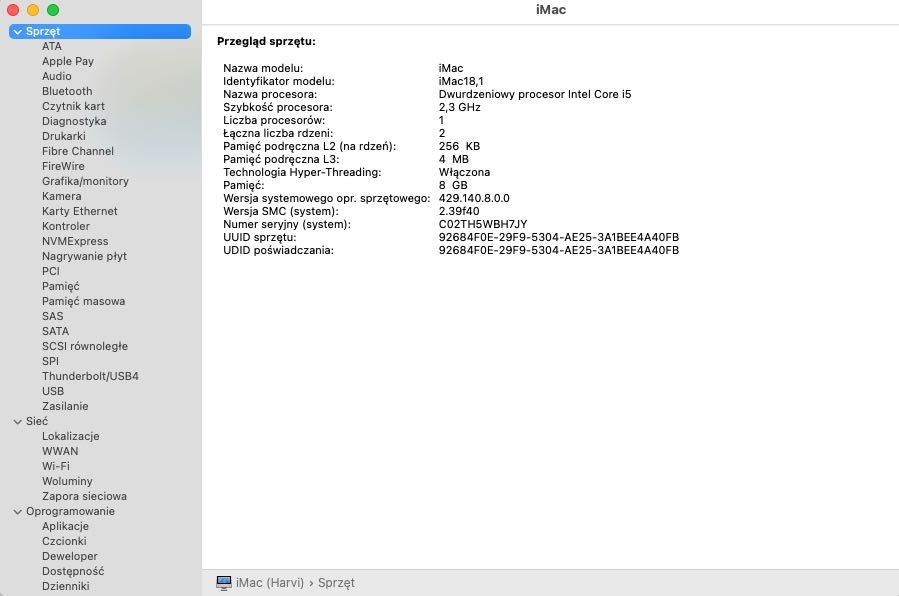 iMac 21,5" Intel i5 2,3 GHz, 8 GB DDR4, 1 TB HDD - bardzo zadbany