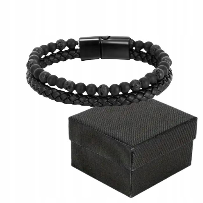 Bransoletka Męska Pleciona Z Koralikami 19 Cm Czarna
