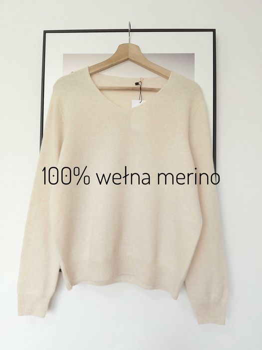 Damski Kremowy Waniliowy Sweter Wełniany Merynos 100%