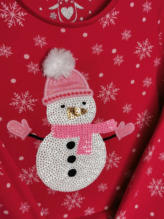 Sukienka świąteczna 92, czerwona, bałwan, pompony, tiulowa