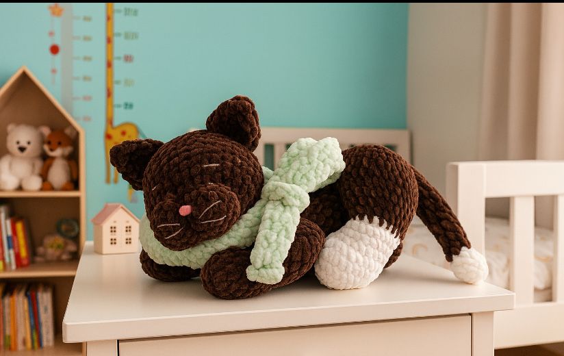 плюшевий, сплячий котик, ручної роботи,