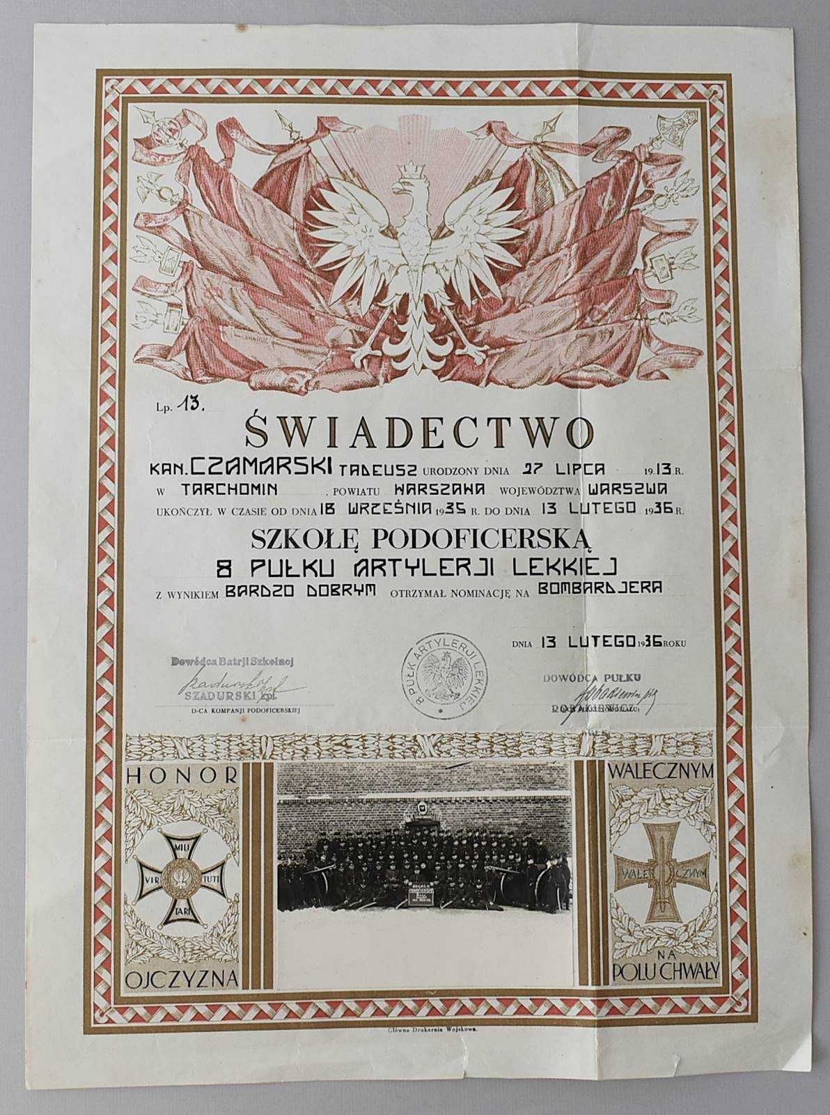 Świadectwo Szkoły Podoficerskiej VIII Pułku Artylerii Lekkiej