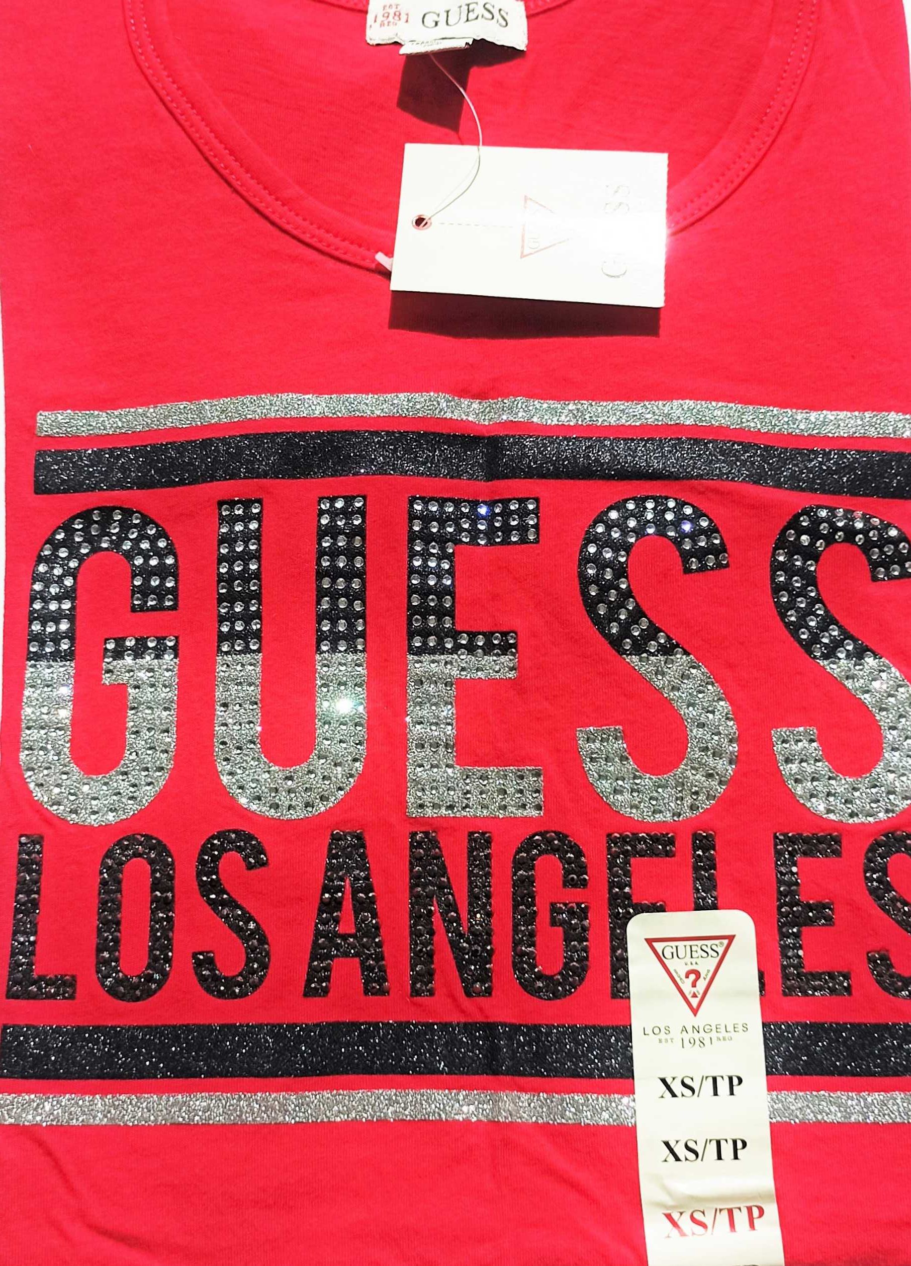 GUESS Oryginalna! Koszulka T-Shirt Bluzka Czerwona Brokat Metallic