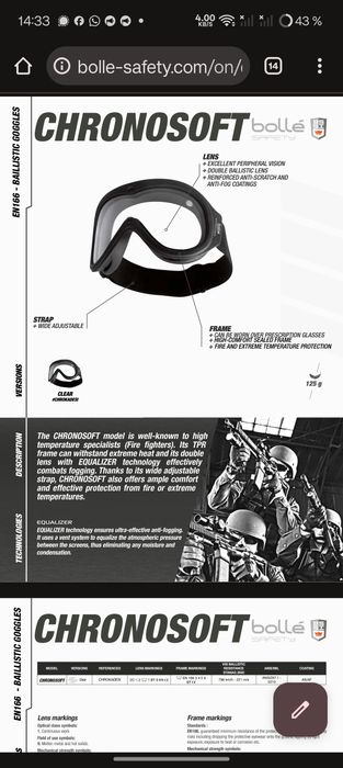 Балістична маска Bolle Safety Chronosoft з прозорими лінзами