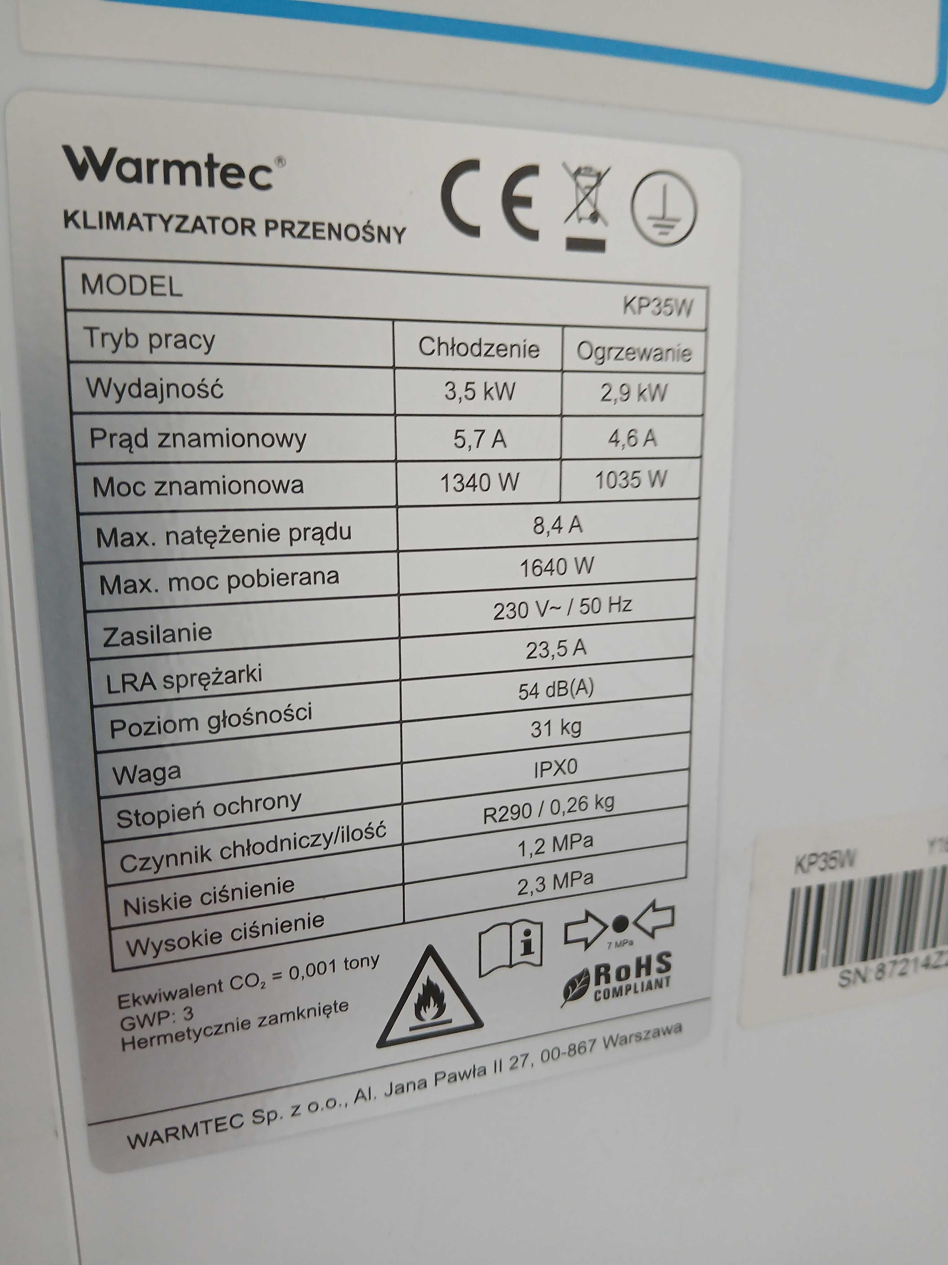 Klimatyzator przenośny  Kompakt Warmtec KP35W Wi-Fi