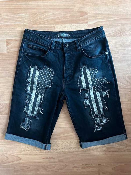 Rock Rebel by EMP – czarne jeansowe spodenki z flagą USA, styl rock