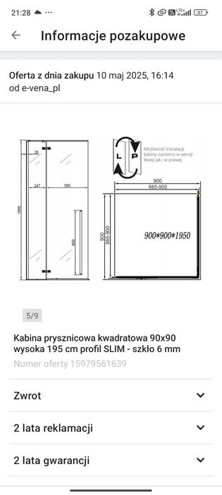Nowa kabina prysznicowa Reihe 90x90x195