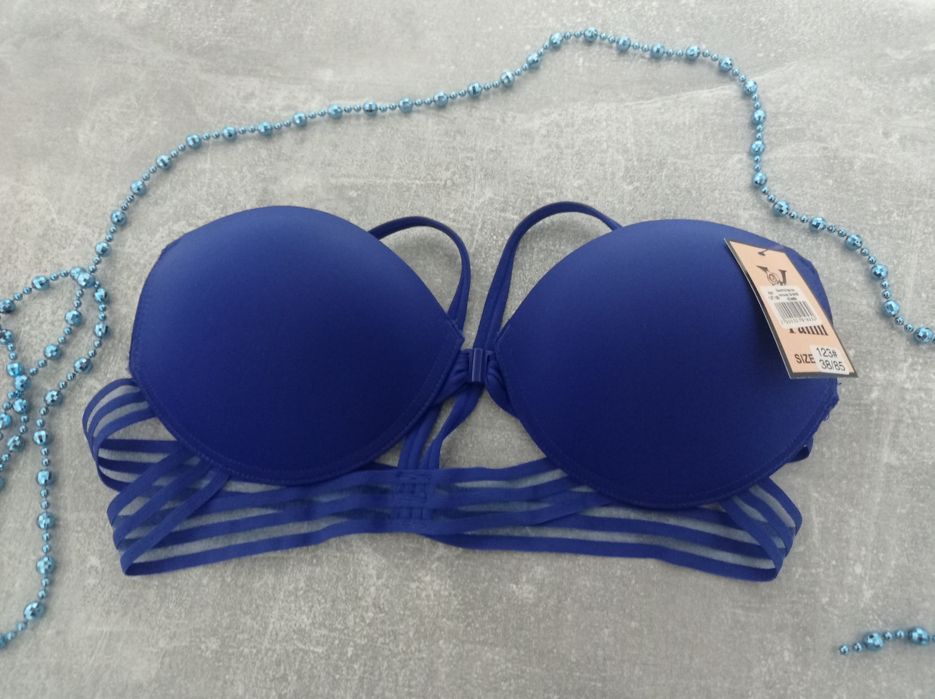 Синій жіночий бюстгальтер з застібкою попереду