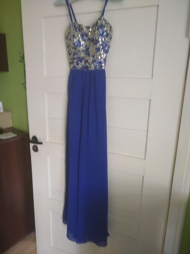 Sukienka suknia Maxi długa koraliki chabrowa XS XXS