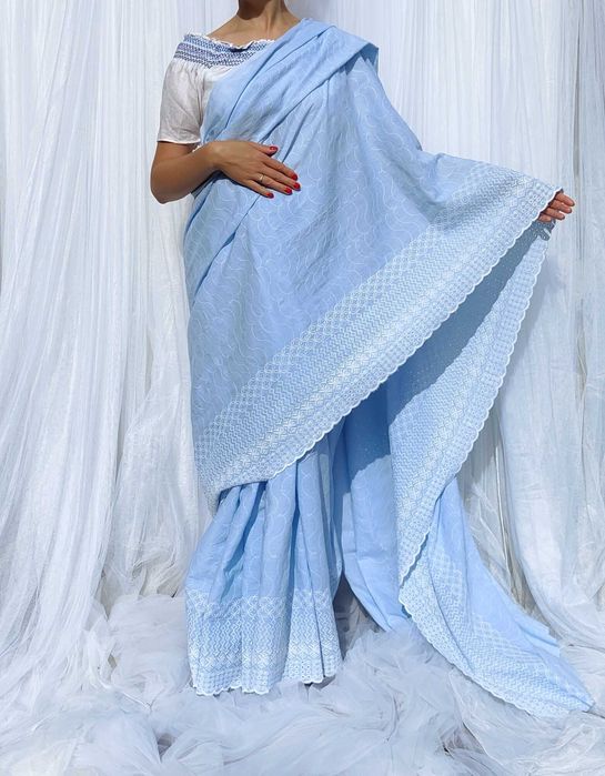 Niebieskie sari bawełna kupon materiału materiał sukienka Bollywood
