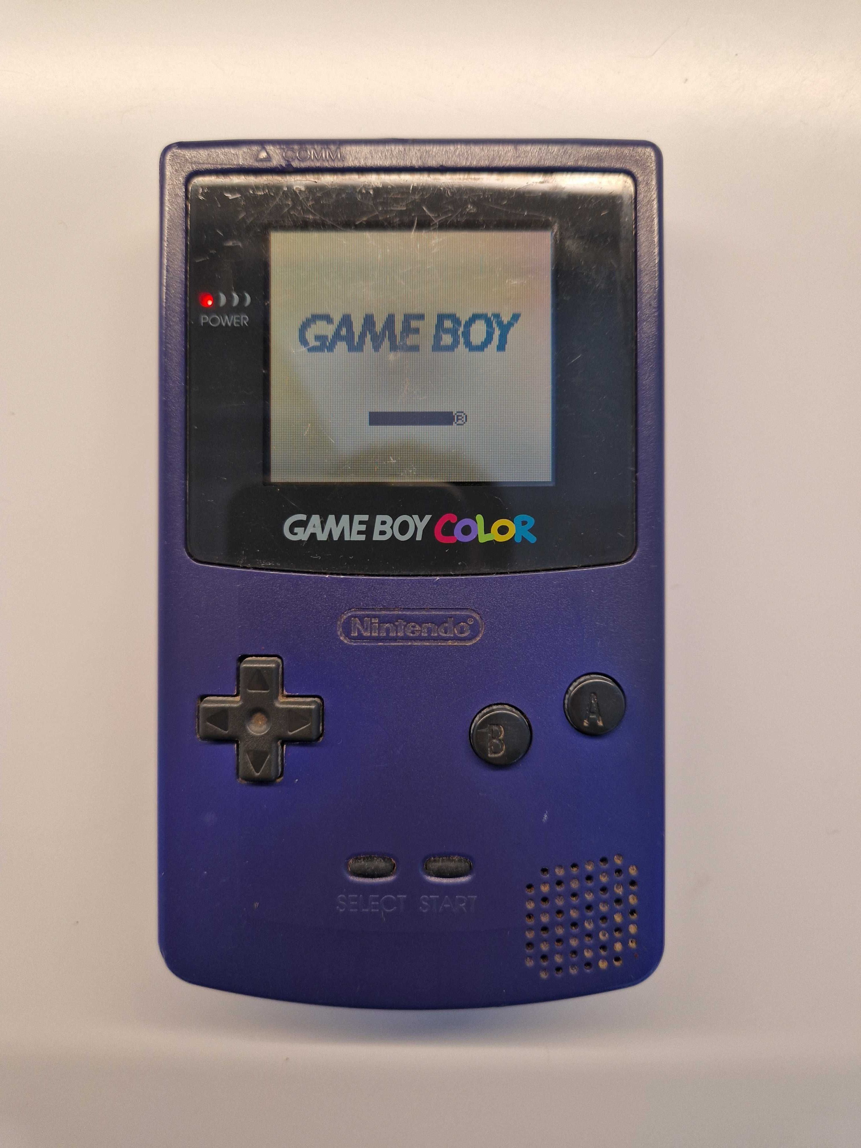 Gameboy Color roxo com 7 jogos, cabo para conectar 2 gameboys e bolsa
