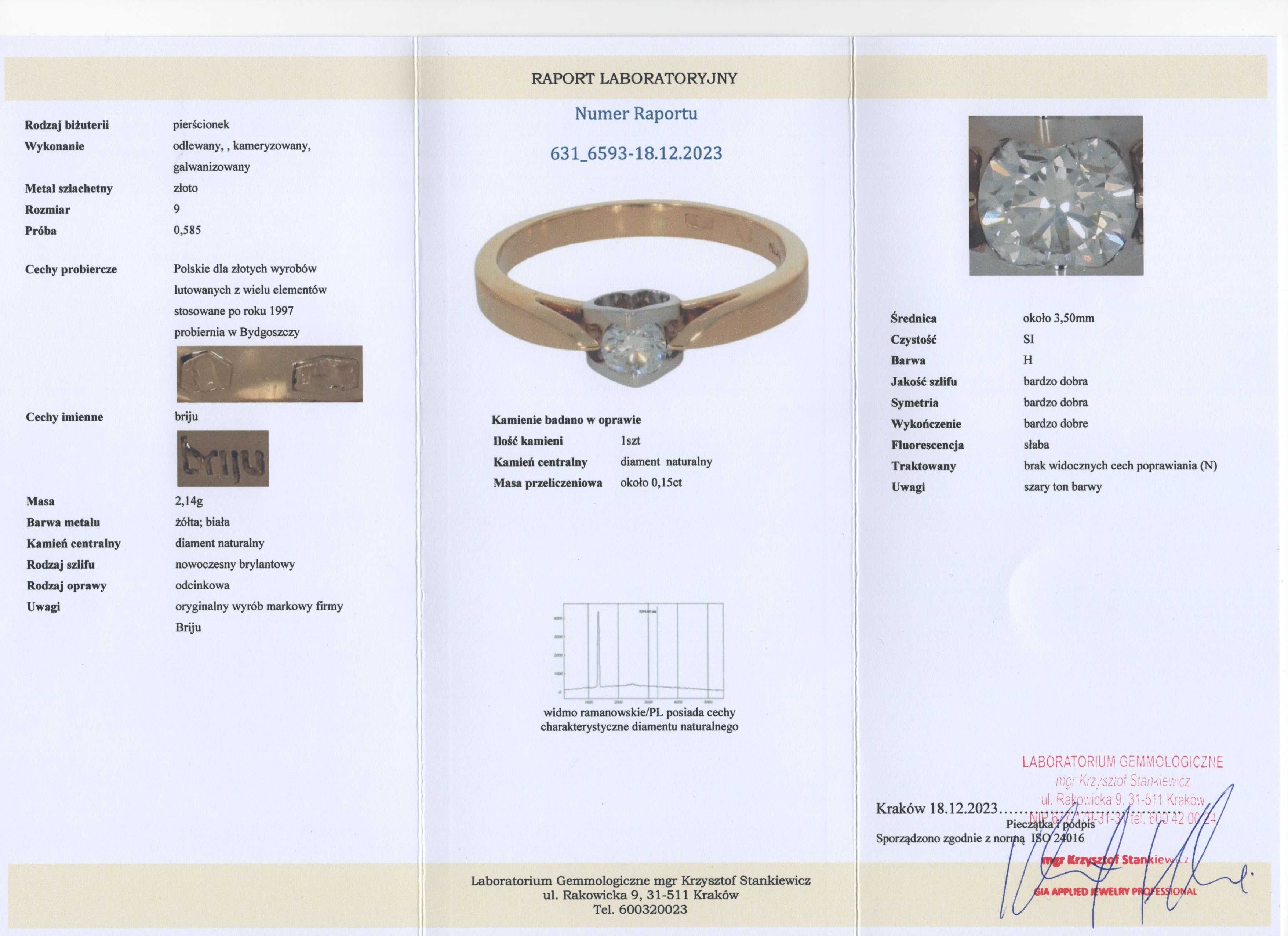 Złoty Pierścionek - DIAMENT 0,15ct - 14K - 2,14g - BRIJU - AMAZING