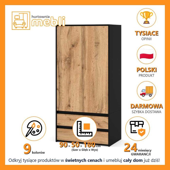 Dwudrzwiowa Szafa Hugo 90cm Nowoczesna Garderoba Sypialnia 2 Szuflady