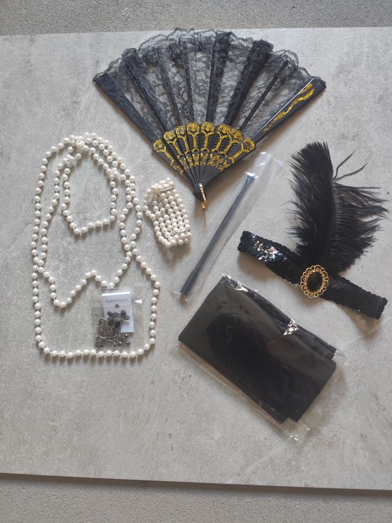 Zestaw retro lata 20. / burleska / Gatsby – wachlarz, perły, opaska