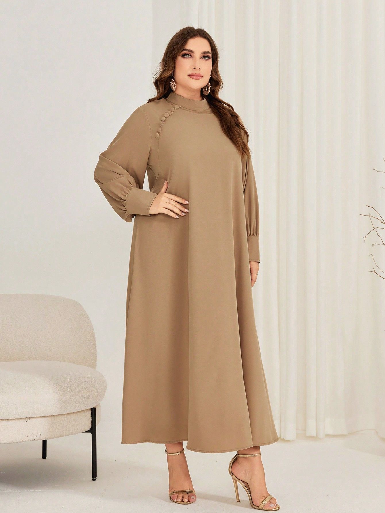 Sukienka Maxi Elegancka Z Bufiastymi Rękawami Stójka Beżowa Shein 5Xl