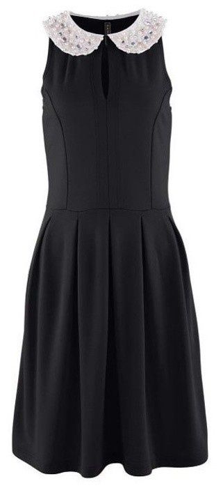 Sukienka czarna 34 XS Kołnierzyk zdobiony Kamienie Perełki