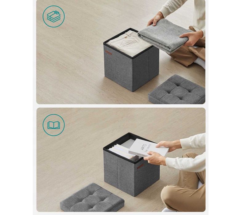 Mała pufa pikowana 30cm ciemnoszara Składana z miejscem na rzeczy