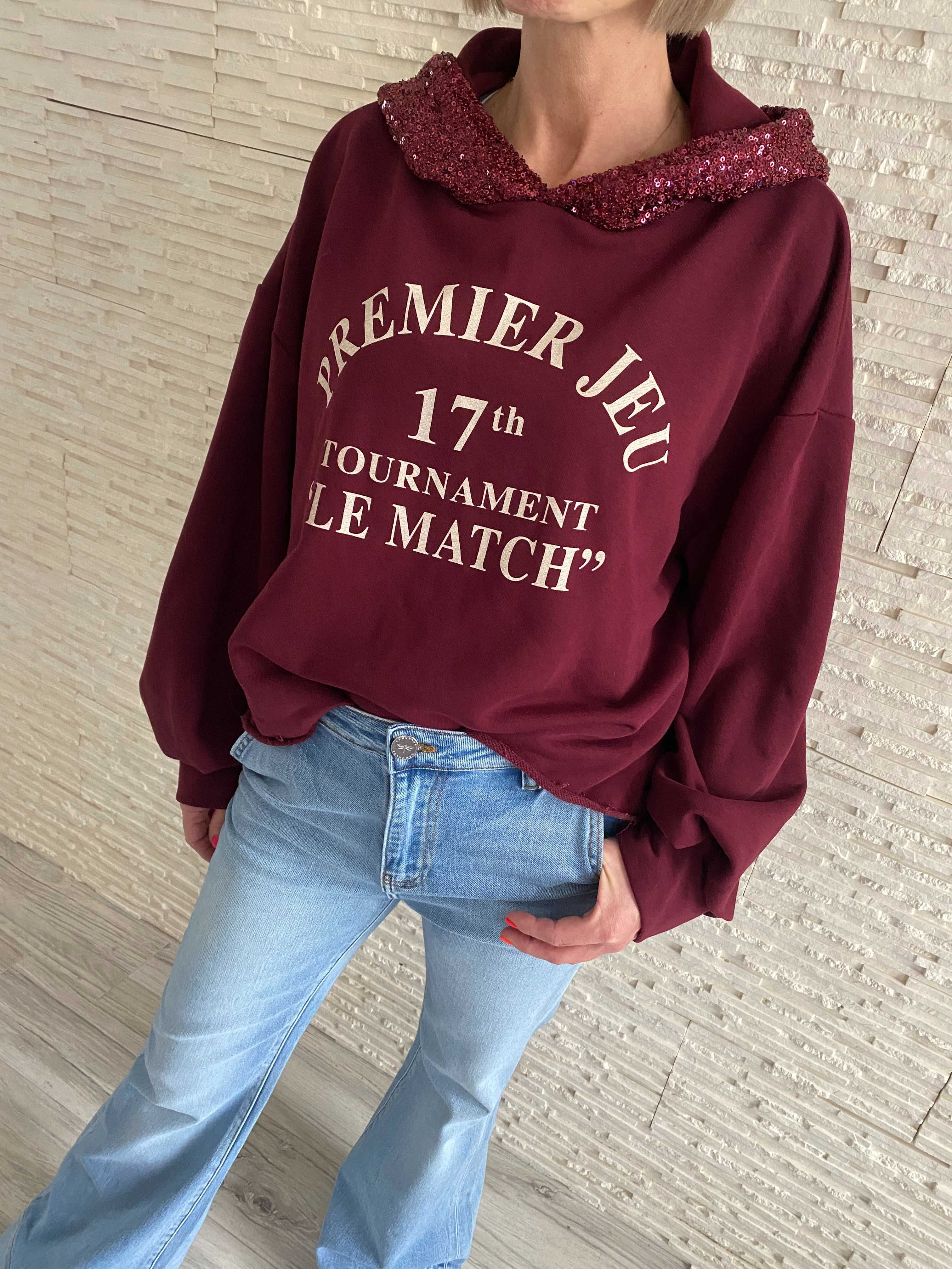 Mihos nowa czadowa bluza bordo kaptur cekiny napis Uni