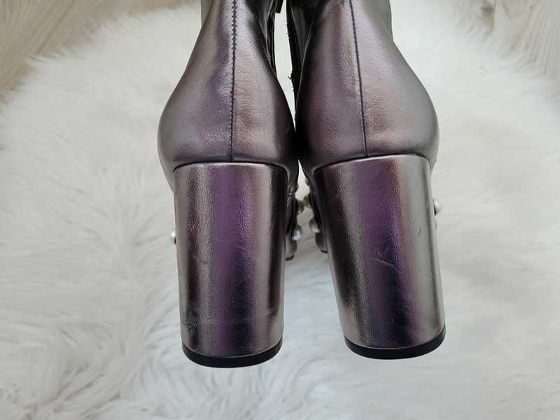 Srebrne botki / buty z perełkami, na obcasie słupku / Primark, 37