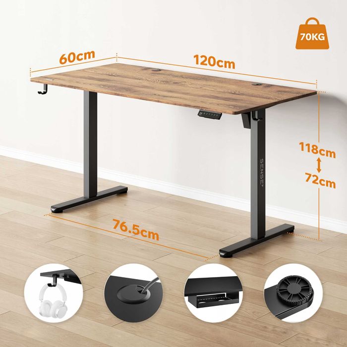 Biurko Elektryczne 120x60cm DĄB. Regulacja Wysokości 72-118cm SENSE7