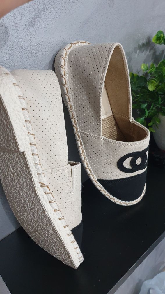 Buty damskie espadryle baleriny eko skóra nowe beżowo czarne roz 40/25