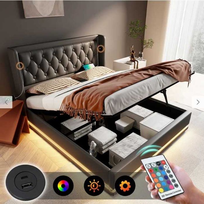 Cama Casal 140x200cm Pu Branco Com Cama Baú Hidráulico e Cabeceira.