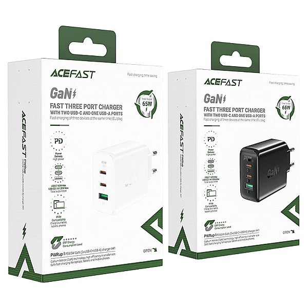 Acefast szybka ładowarka sieciowa GaN (2x USB-C / USB-A) PPS / PD / QC