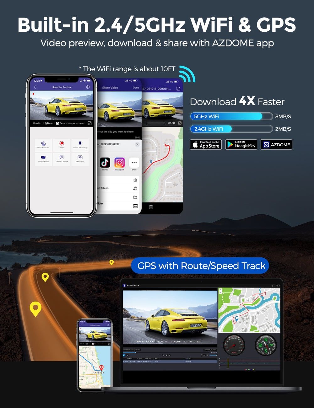 Kit 2 Câmaras Dashcam 4K e Retaguarda com Cartão Azdome M550 Pro WiFi