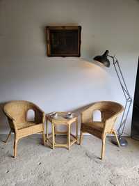 Komplet bamusowo ratanowy dwóch foteli i stolika vintage
