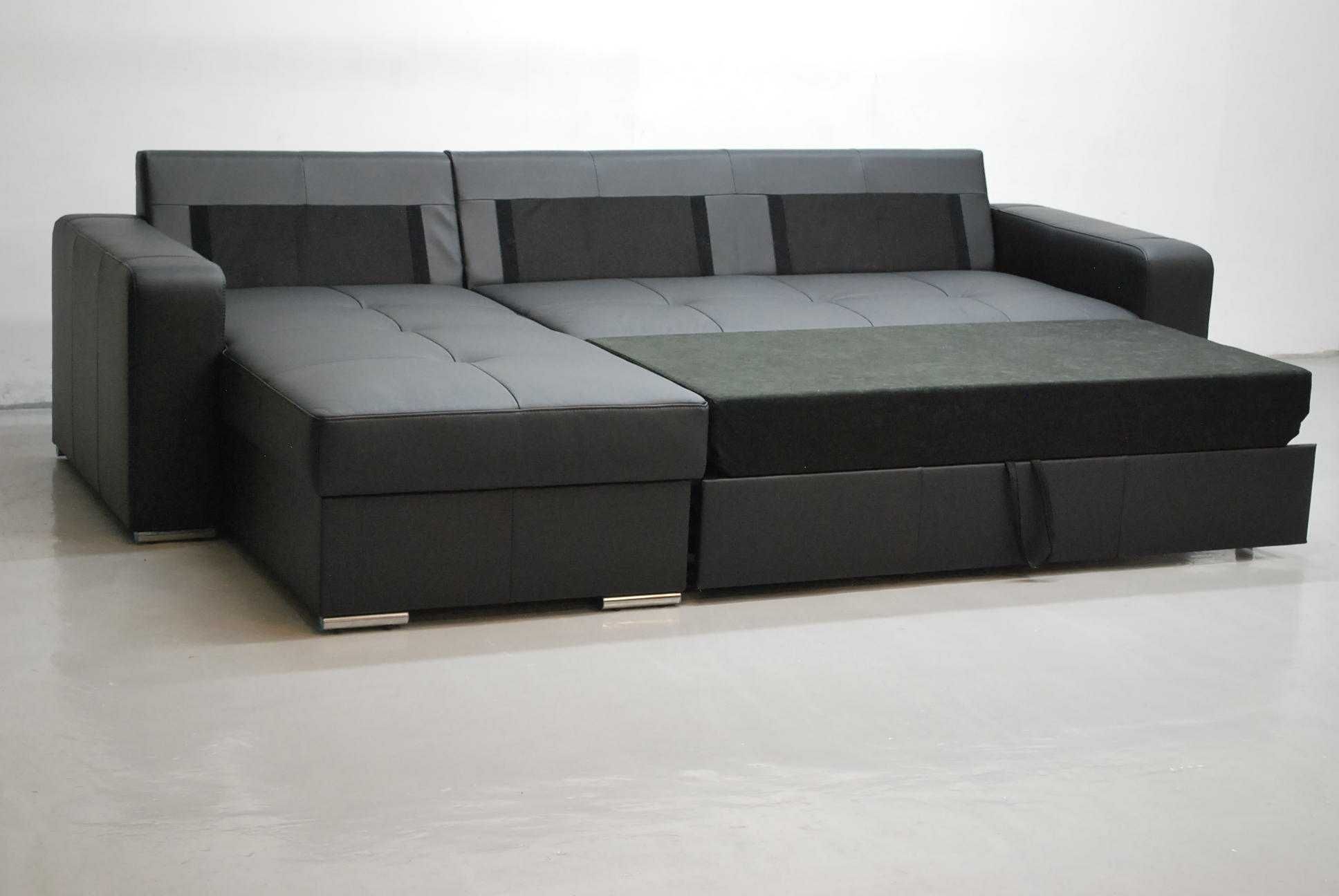czarny SKÓRA NATURALNA NAROŻNIK spanie pojemnik 6605, sofa kanapa