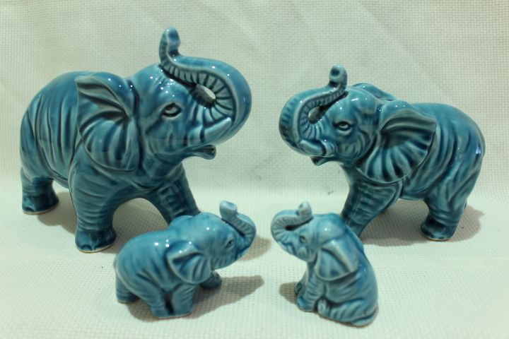 Manada de 4 Elefantes em Porcelana Chinesa Monocromáticos Azuis XX