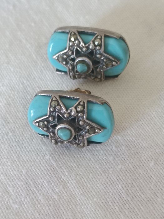 Серьги старинные.Серебро,бирюза, марказиты.Вес 10 грамм