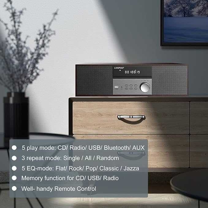 LONPOO HiFi odtwarzacz CD Bluetooth radio FM USB, AUX wyświetlacz LED