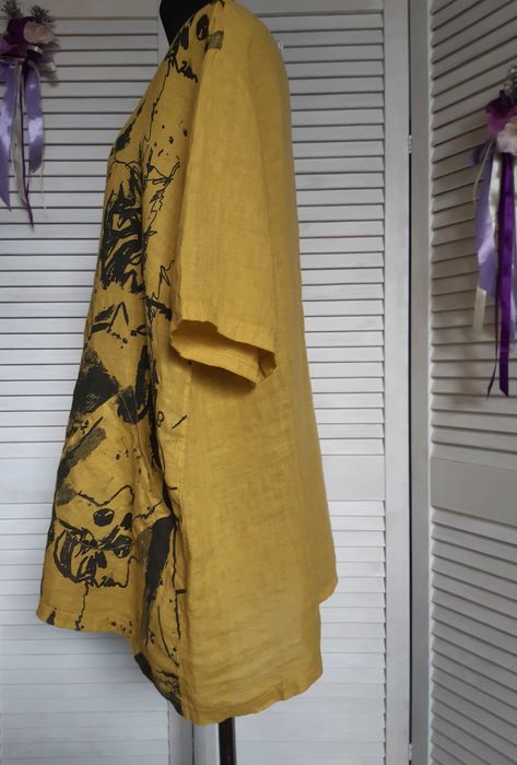 Уникальная блуза лен принт лица большого размера италия new collection