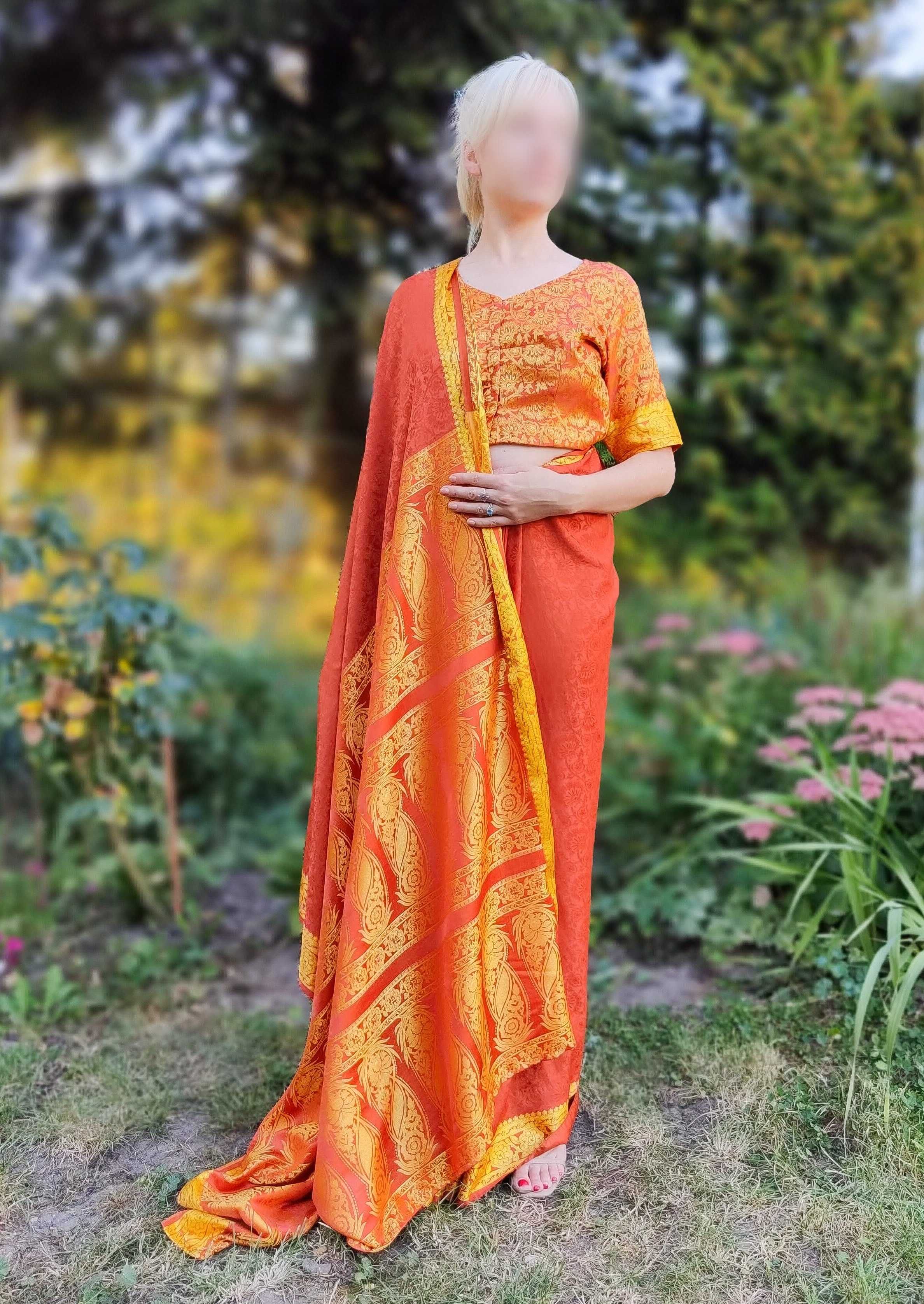 Vintage saree sari pomarańczowe paisley indyjska sukienka retro orient