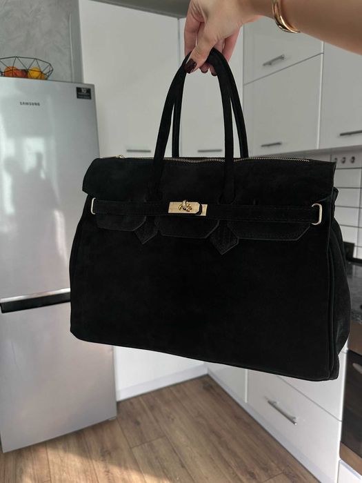 Замшева чорна жіноча сумка, шопер формат а4 натуральний замш