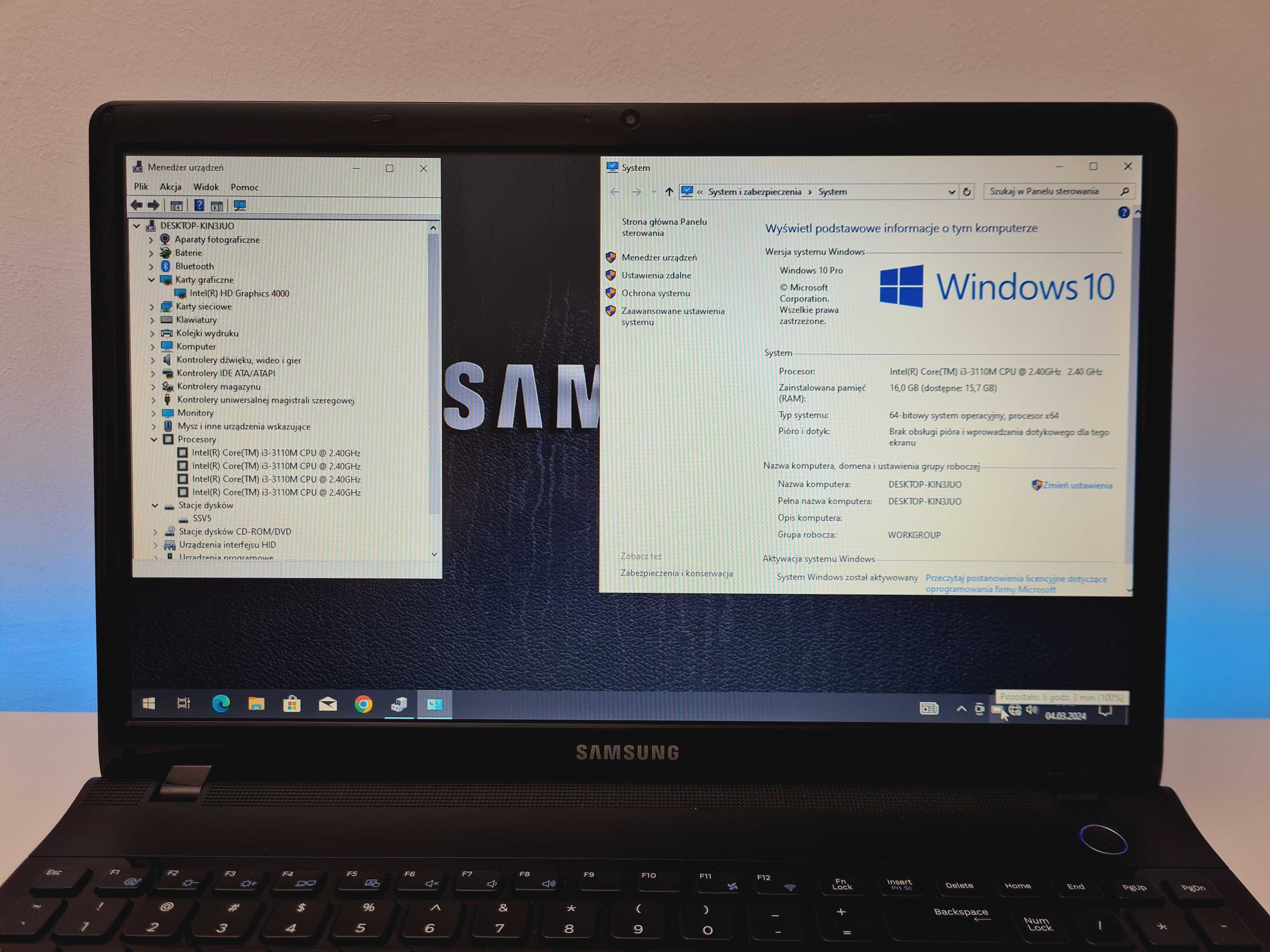 Multimedialny laptop Samsung 15,6, i3, 16gb/512ssd, bateria jak nowa $