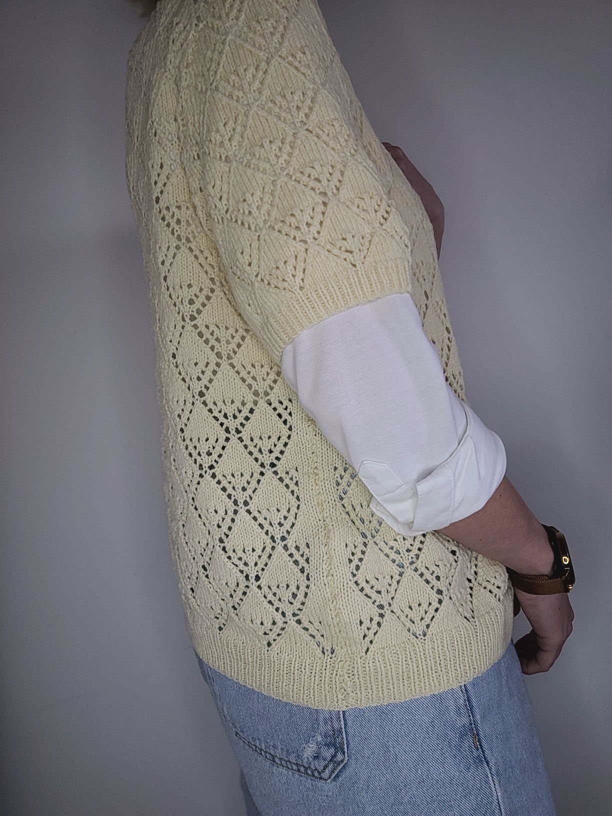 Kremowa ażurowa kamizelka boho handmade