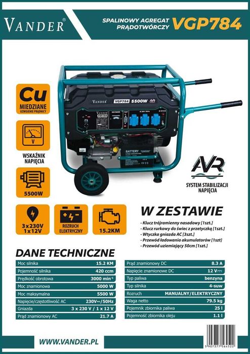 Agregat Prądotwórczy 8500W Spalinowy VGP784 VANDER